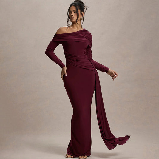 Crossbody Asymmetrical Ruched  Ribbon Train Design Long Sleeve Sheath Maxi Dress