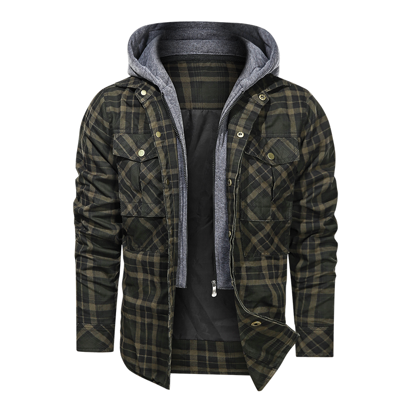 Layered Plaid Men's Fleece Detachable Slim Fit Hoodie Jacket