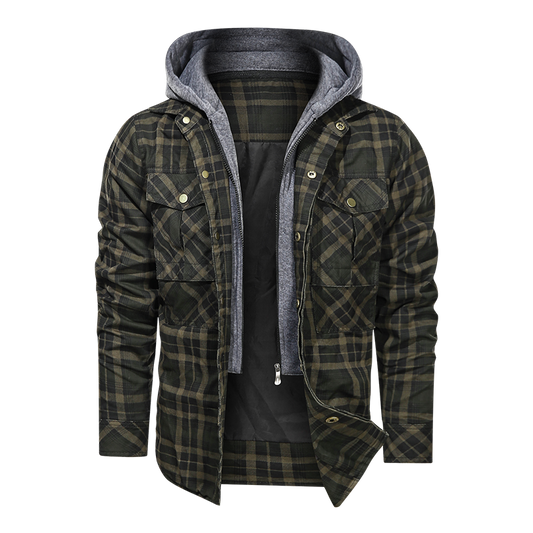 Layered Plaid Men's Fleece Detachable Slim Fit Hoodie Jacket