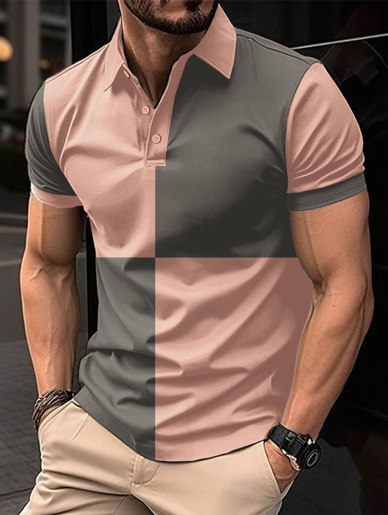 Colorblock Checker Print Turn-Down Collar Button-Up Polo Shirt