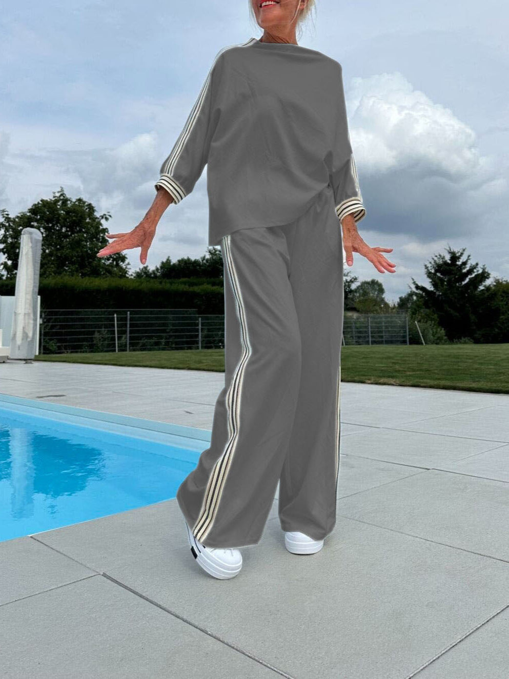 Side Striped Oversized Loose Long Sleeve Sports Shirt + Baggy Sweatpants 2-Piece Set to 3X Plus Size