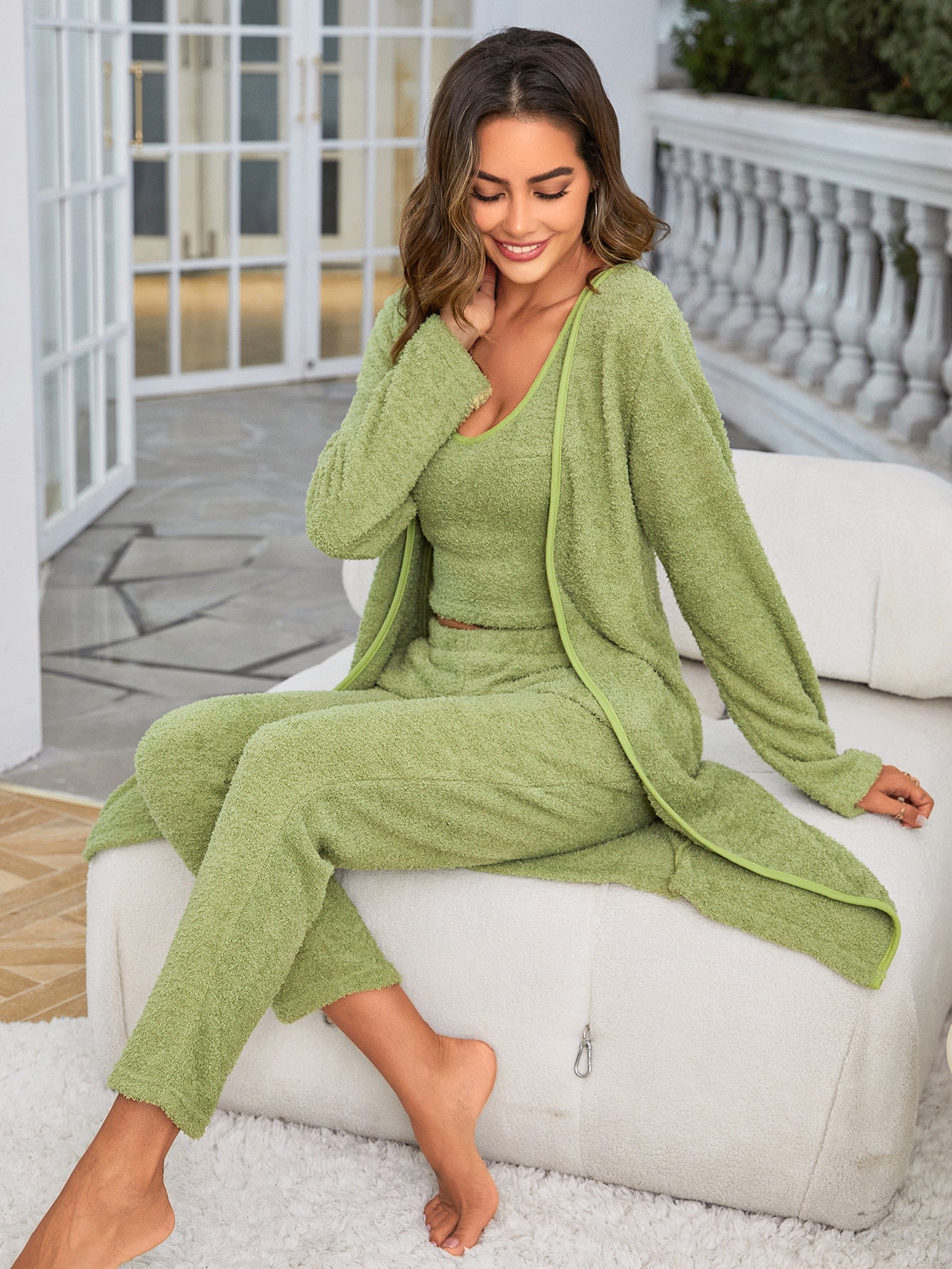 Fuzzy Fleece Open Front Solid Color Cardigan + Crop Tank Top + Wide Leg Pants 3-Piece Lounge Sets