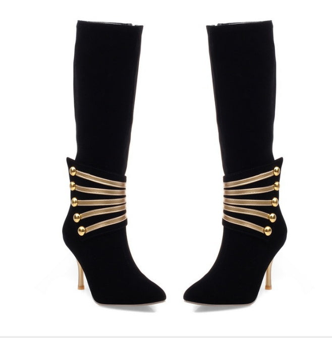 Stud Gold Strap Design Pointed Toe Side Zipper Women's Knee-High Boots