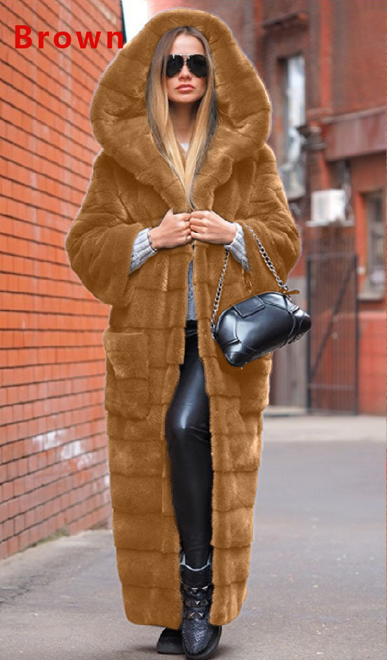 Plush Shaggy Faux Fur Solid Color Hip-Hop Streetwear Women's Trenchcoat to 5X Plus Size