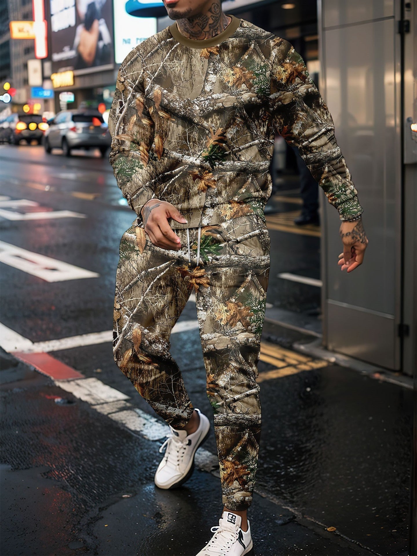 Men's Camo Geometric Fall Leaf Print O-Neck Long Sleeve Sweatshirt + Skinny Jogger Sweatpants Tracksuit to 6X Big & Tall
