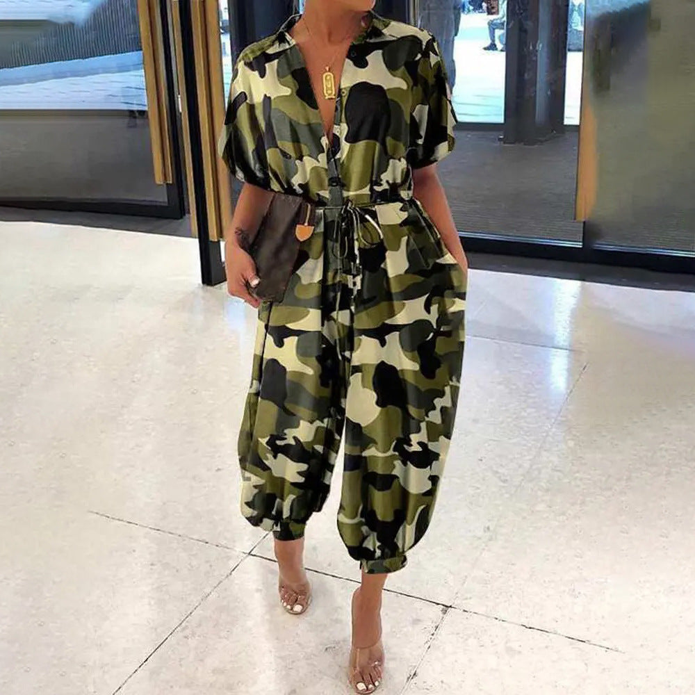 Camoflauge Print Button-Up Women's Turn-Down Collar Short Sleeve Harem Pants Jumpsuit