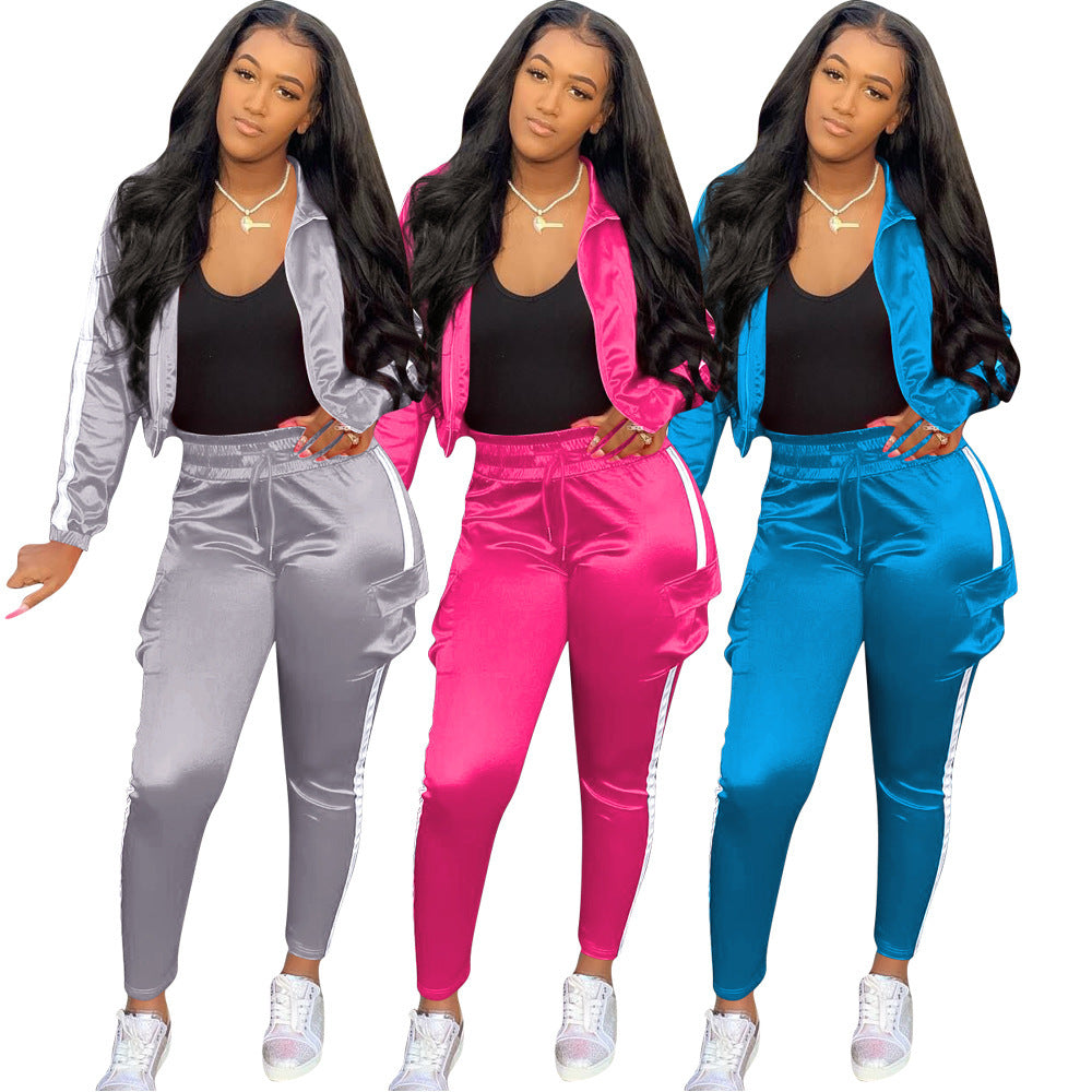 Reflective Side Striped Ruched Zipper Athleseuire Jacket + Cargo Pocketed Jogger Sweatpants Women's Tracksuit