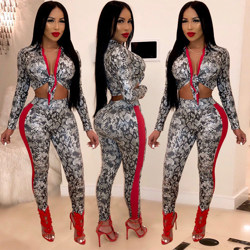 Colorblock Snakeskin/Leopard/Baroque Long Sleeve Women's Lace-Up Crop Top + Leggings 2-Piece Set