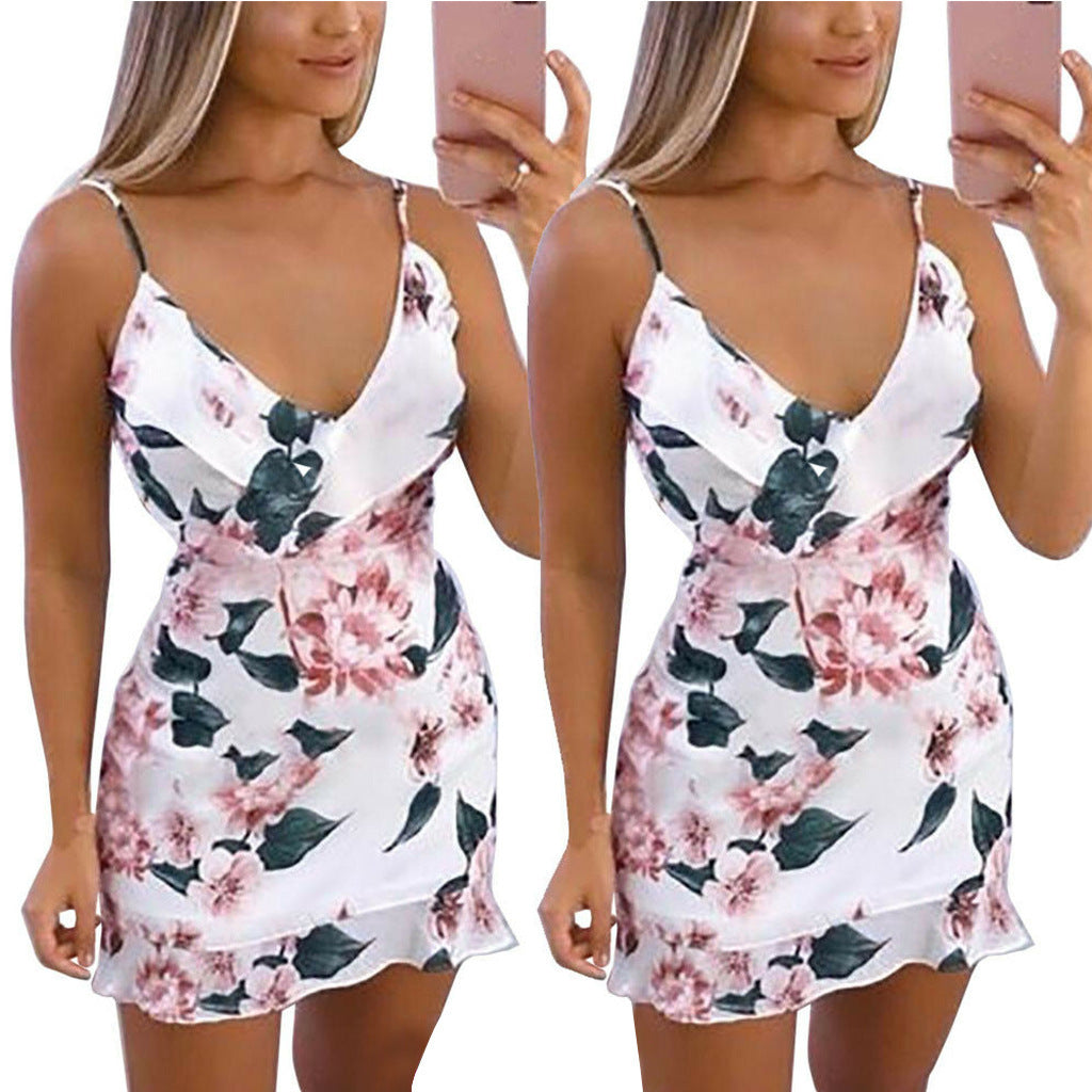 White/Pink Sleeveless Floral Print V-Neck Mini Sundress