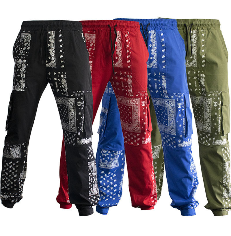 Men's Bandana Print Multi-Pocketed Drawstring Tapered Cargo Sweatpants