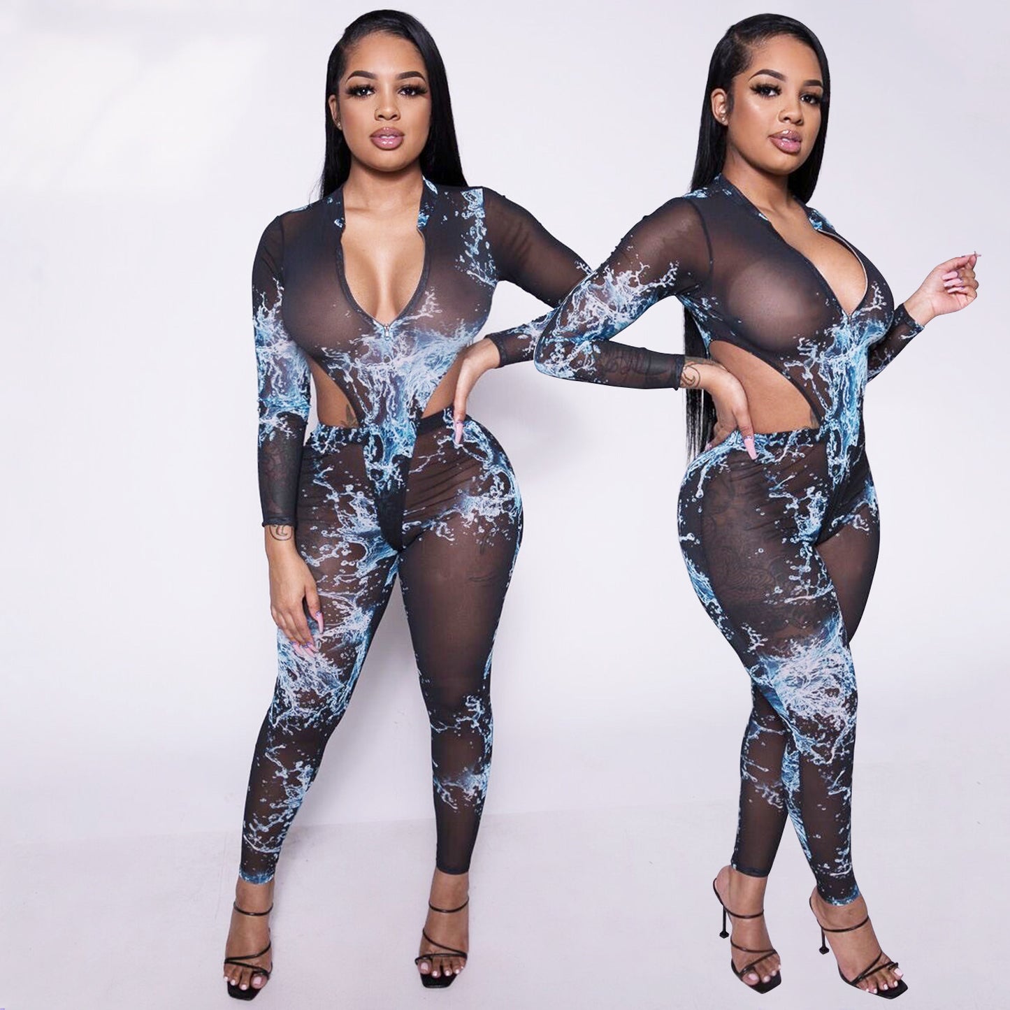 Mesh Sheer Transparent Geometric V-Neck Tropical/Graffiti Print Long Sleeve Crop Top + Skin Tight Leggings Women's 2-Piece Set