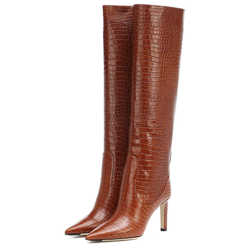 Tall Croc Pattern Pointed Toe Knee-High Women's High Heel Knight Boots