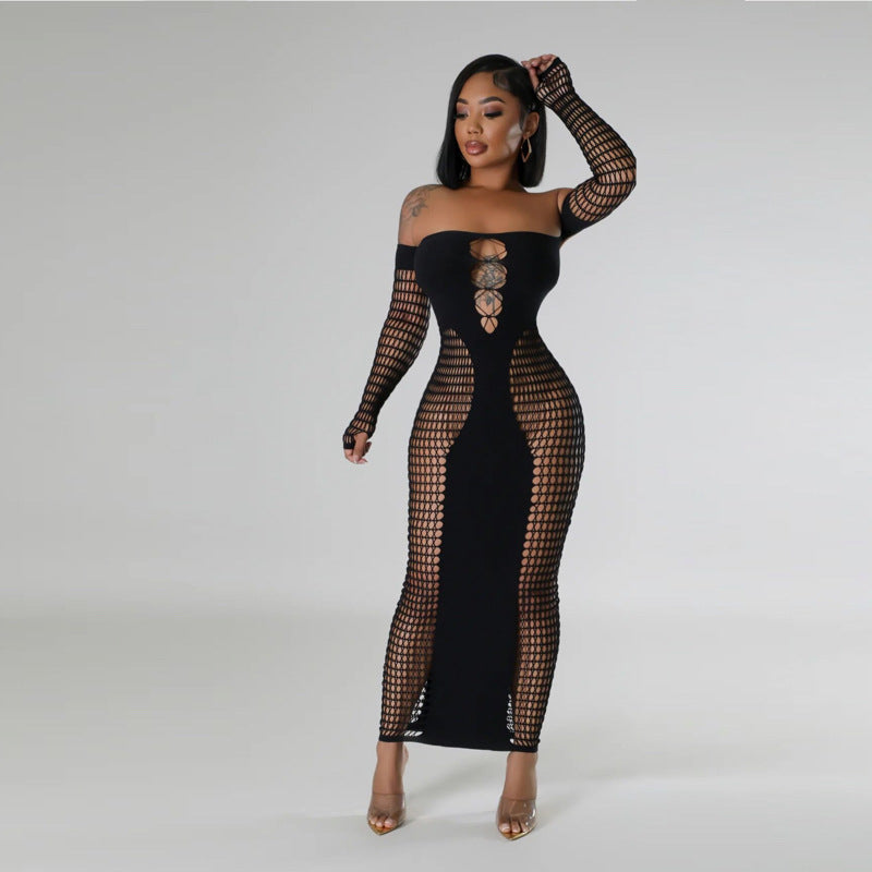 Sexy Lace-Up Solid Color Off-the-Shoulder Long Sleeve Hollow-Out Skinny Knitted Swimsuit Cover-Up/Maxi Dress