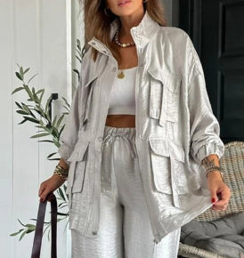Cargo Multi-Pocketed Women's Button-Up Streetwear Jacket + Drawstring Pants Solid Color 2-Piece Set
