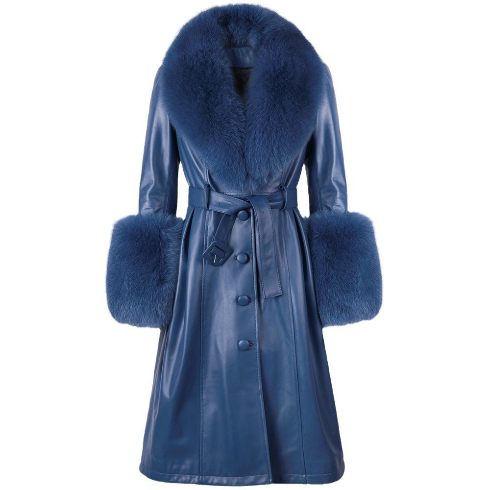 Sheepskin Oversized Fox Fur Collar Leather Long Sleeve Solid Color Women's Sash Belted Trenchcoat