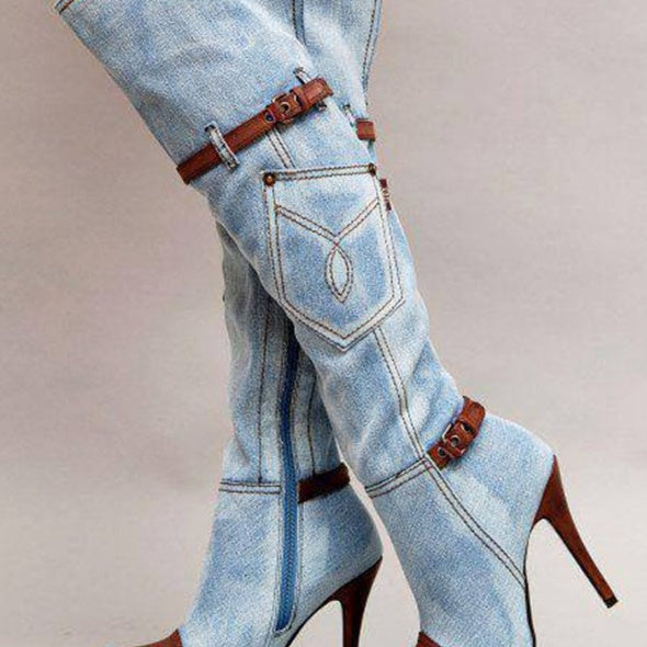 Denim Stitched High Heel Knee-High Women's Jean Boots