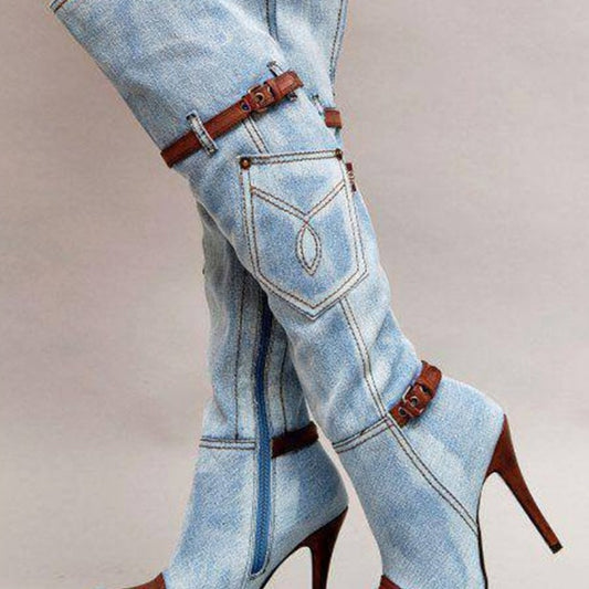 Denim Stitched High Heel Knee-High Women's Jean Boots