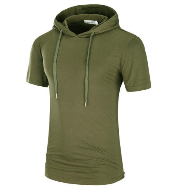 Men's Camo/Solid Color Print Short Sleeve Drawstring Hoodie Shirt