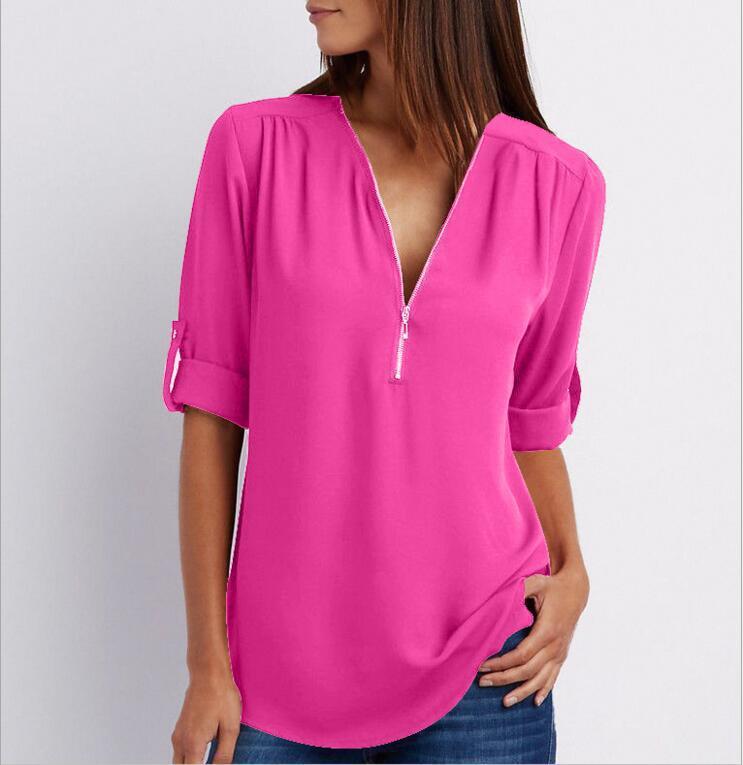 Solid Color V-Neck Short Sleeve Women's Zipper Shirt to 5X Plus Size