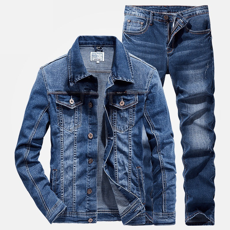 Denim Men's Double Pocket Gradient Faded Jean Jacket + Ruched Skinny Jeans 2-Piece Set