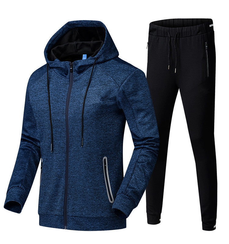 Men's Drawstring Zipper Hoodie Sports Sweat Jacket + Solid Color Skinny Sweatpants Tracksuit