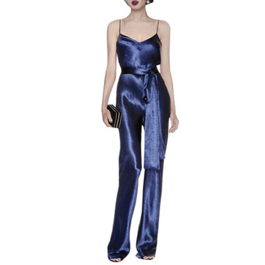 Satin Navy Blue Sleeveless Spaghetti Strap V-Neck Women's Suspender Formal Party Jumpsuit