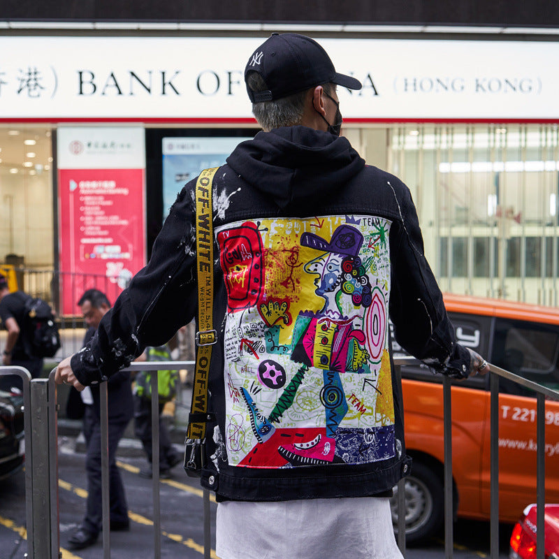Men's Painted Back Abstract Art Portrait Print Loose Jean Jacket