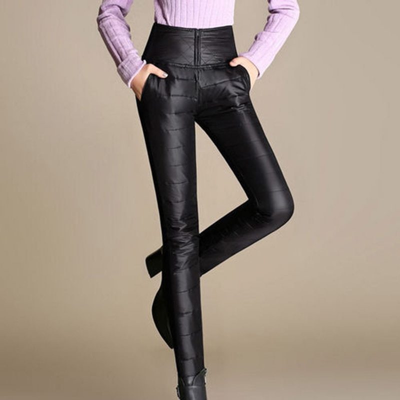Quilted PU Leather Duck Down Solid Color Lightweight Women's Skinny Pencil Pants to 6X Plus Size