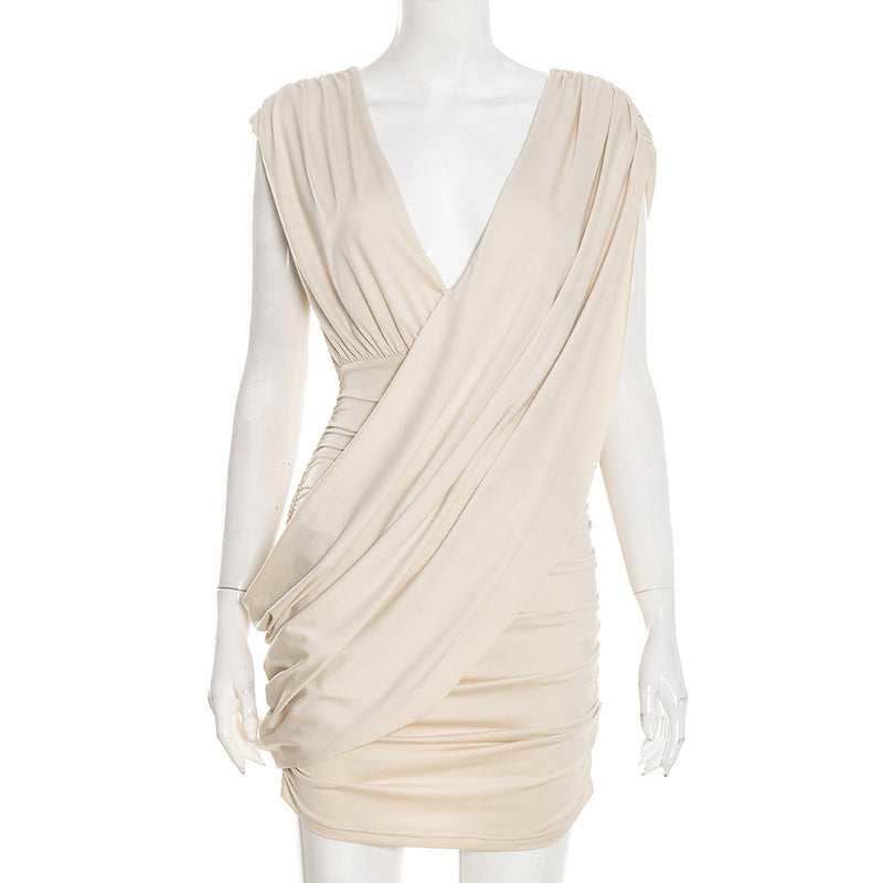 Ruched Deep V-Neck Asymmetrical Sleeveless Skinny Pleated Mini Dress