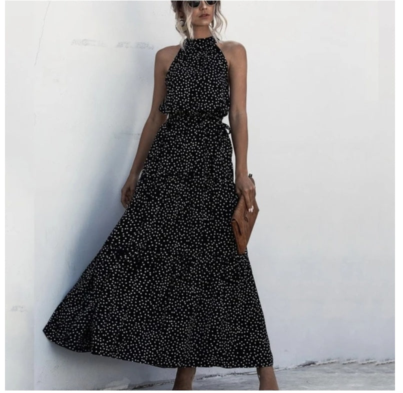 Sleeveless Polka Dot Print Tiered Mock Neck Sash Belt Maxi Dress
