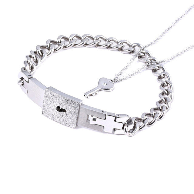 Titanium Sparkling Steel Couple Love Lock Chain Necklace + Bracelet Key Set