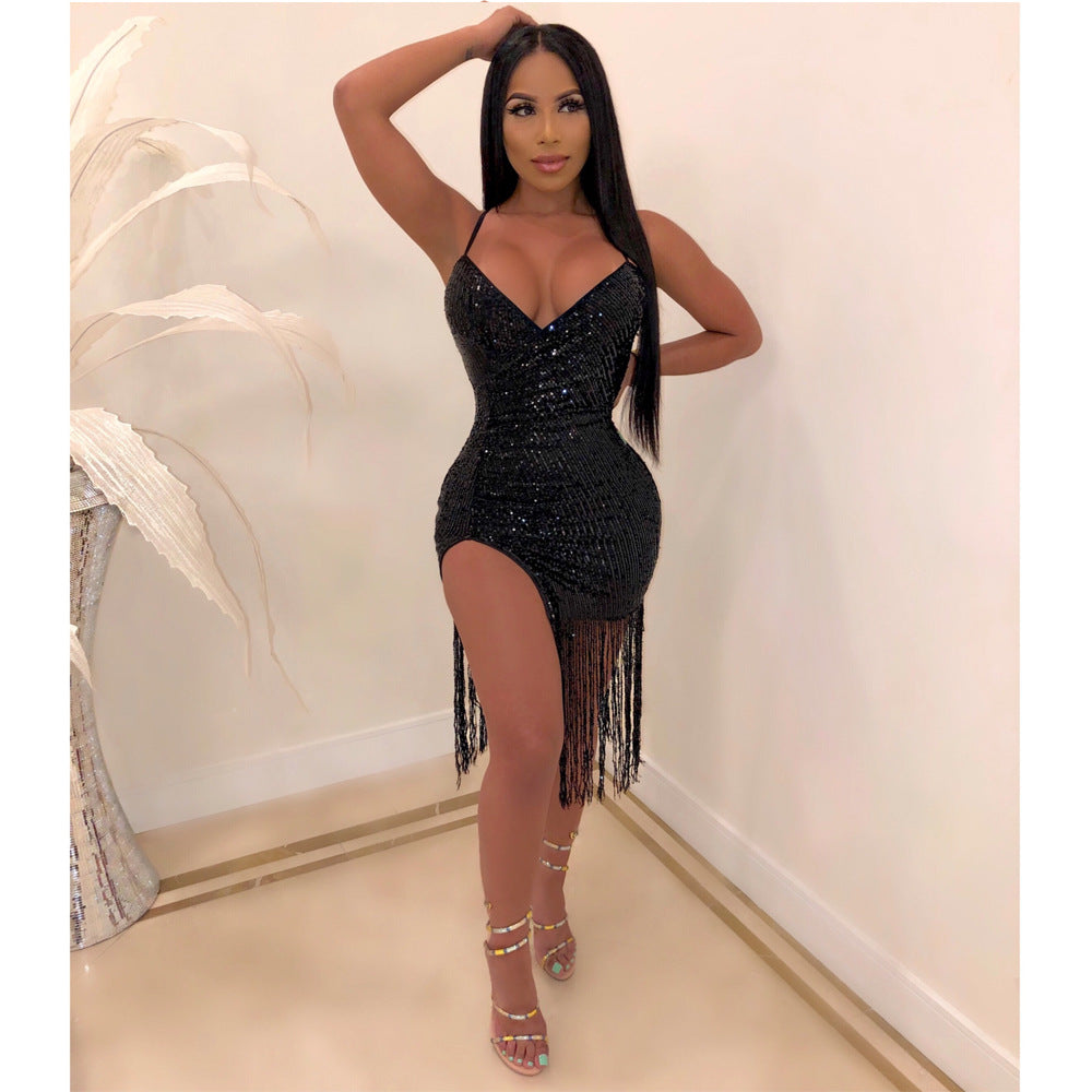 Sparkling Metallic Sequin Tassel Fringe Design V-Neck High Side Slit Formal Mini Party Dress