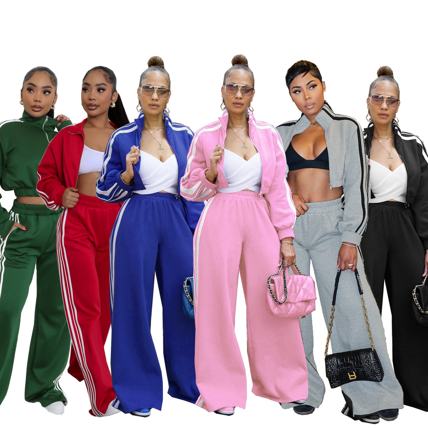 Side Striped Women's Sweat Jacket + Wide Leg Sweatpants Tracksuit