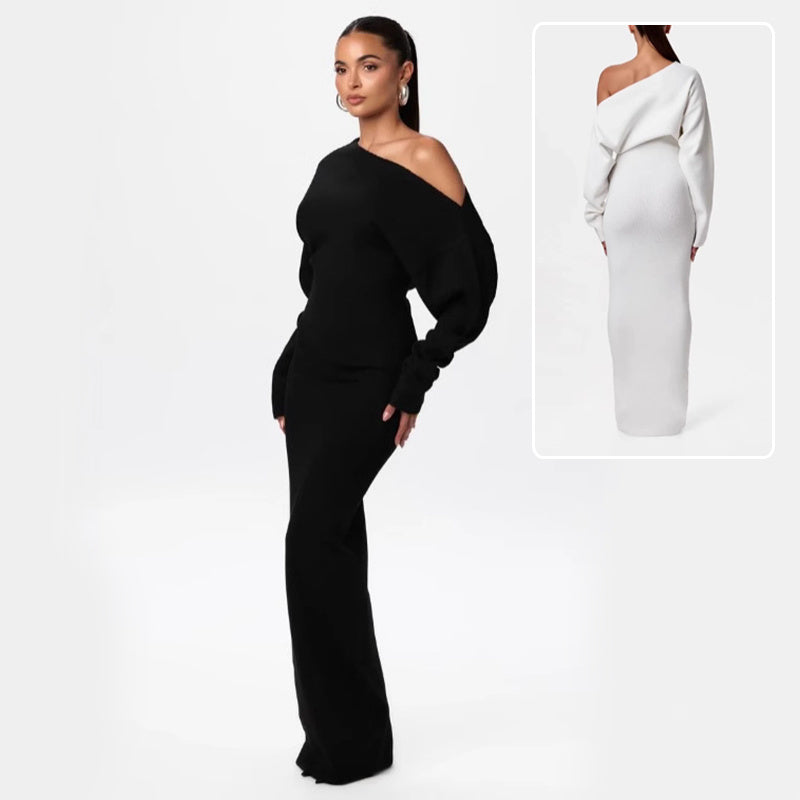 Knitted Skinny Fit Long Sleeve Off-the-Shoulder Solid Color Bodycon Maxi Dress