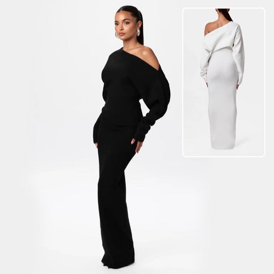 Knitted Skinny Fit Long Sleeve Off-the-Shoulder Solid Color Bodycon Maxi Dress