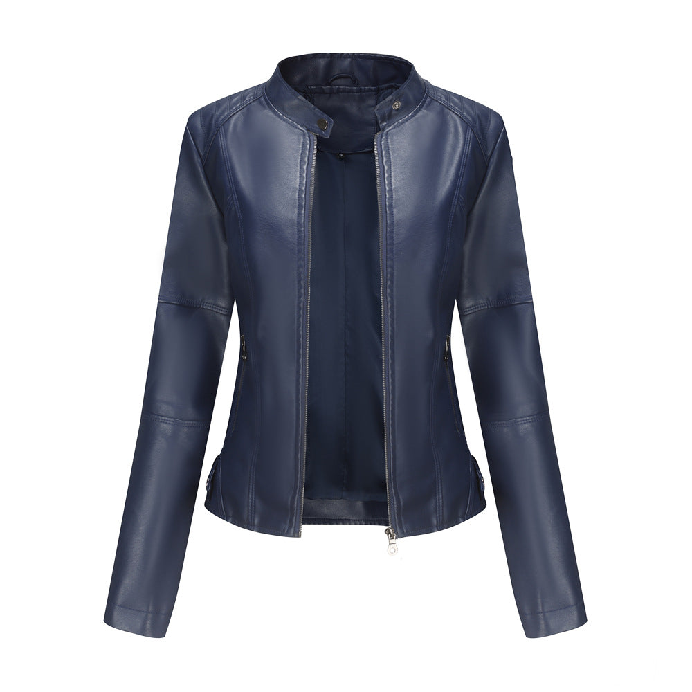 PU Leather Solid Color Stand Collar Women's Zipper Biker Jacket
