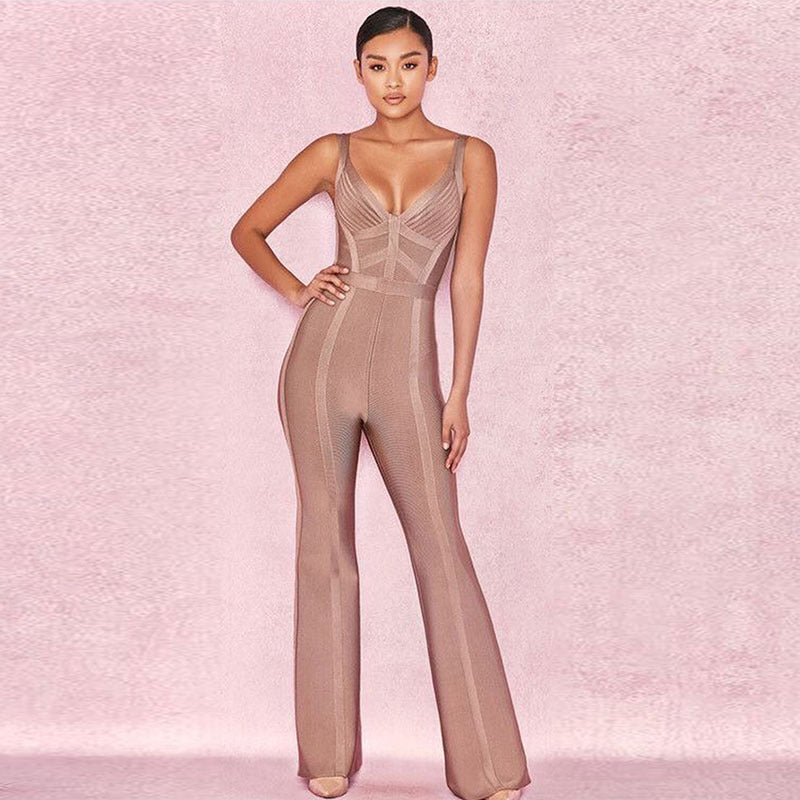 Sleeveless Light Brown V-Neck Women's Skinny Party Jumpsuit