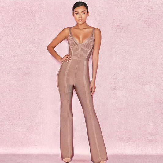 Sleeveless Light Brown V-Neck Women's Skinny Party Jumpsuit