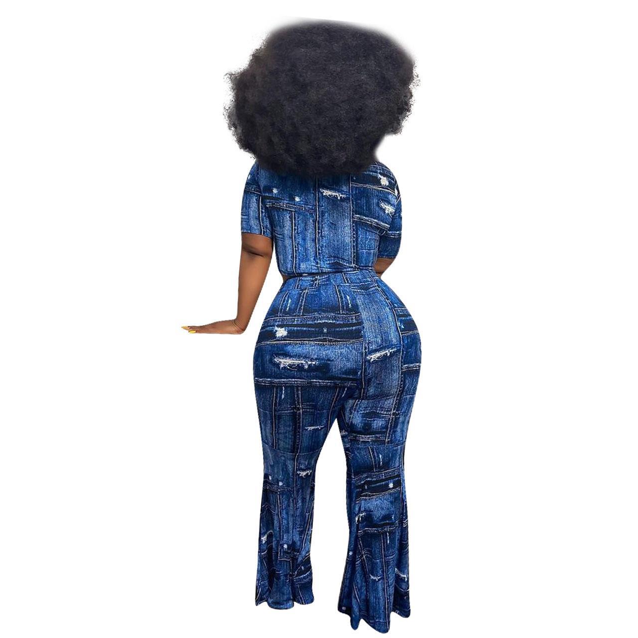 Faux Denim Geometric  Colorblock Print Women's Short Sleeve Crop Top + Skin Tight Leggings 2-Piece Set to 4X Plus Size
