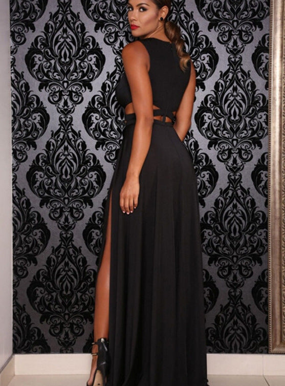 Double High Side Slit Cami Design Sleeveless Hollow-Out Deep V-Neck Solid Color Maxi Dress
