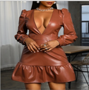 Brown Ruffled Faux Leather Long Balloon Sleeve Deep V-Neck Mini Dress