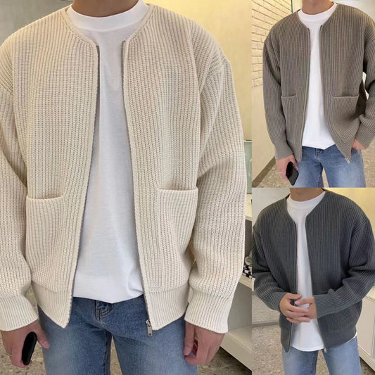 Men's Knitted Lined Funnel Neck Pocketed Zipper Cardigan Sweater Jacket