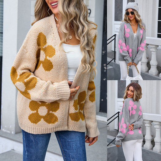 Big Flower Print Women's Cardigan Sweater