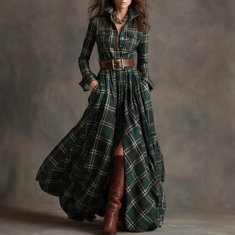 Oversized Plaid Print Long Sleeve Pocketed Turn-Down Collar Button-Up Big Swing Maxi Dress to 4X Plus Size