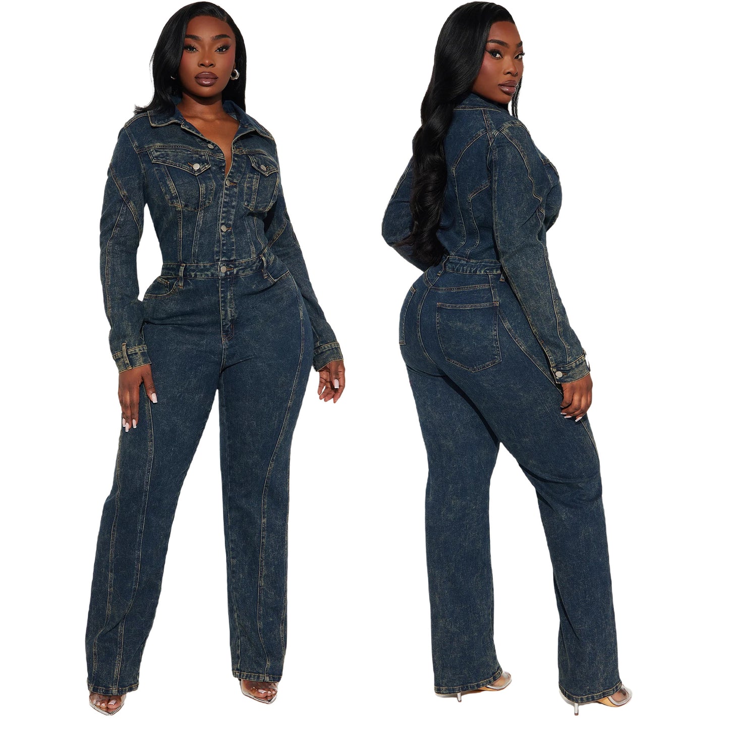 Denim Dark Blue Washed Long Sleeve Patchwork Turn-Down Collar Women's Jeans Jumpsuit
