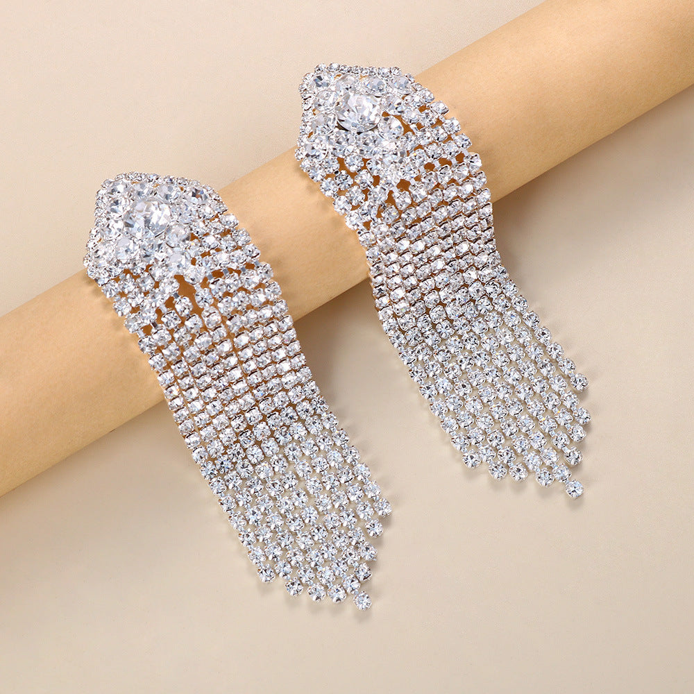 Oversized Rhinestone Sparkling Crystal Long Tassel Earrings