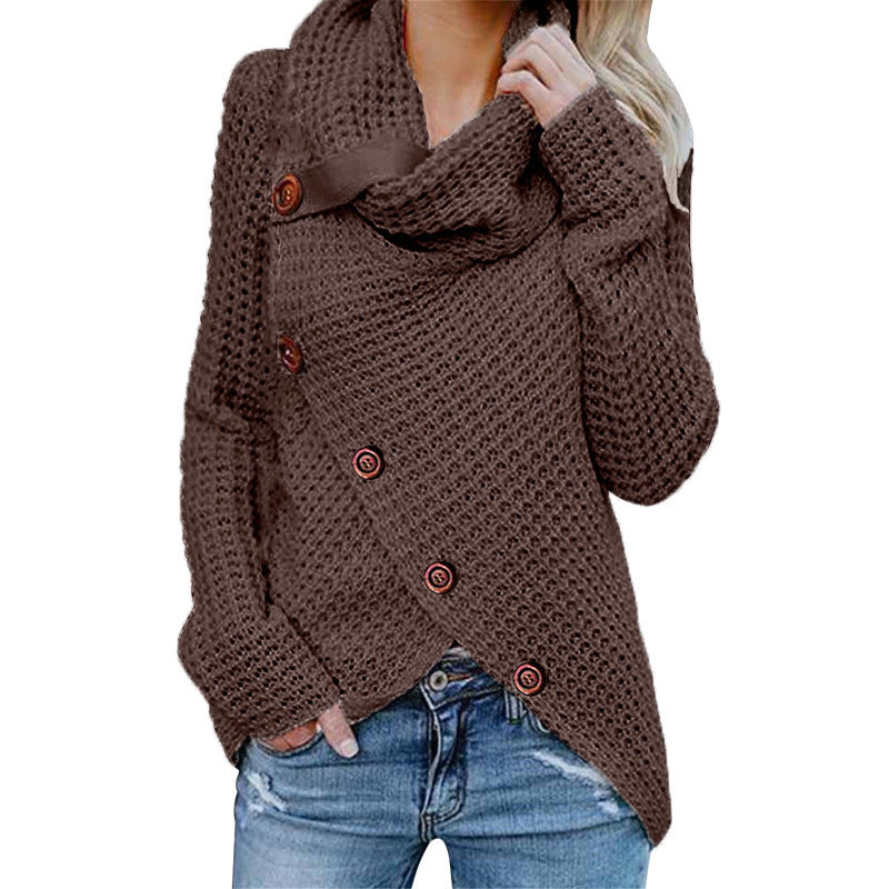 Turtleneck Button Design Long Sleeve Irregular Knitted Sweater