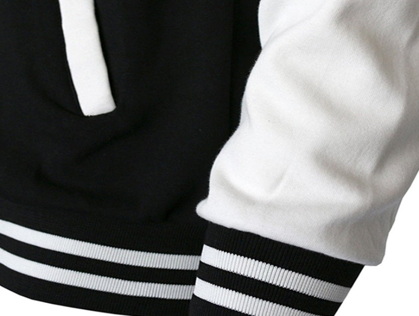Men's Black White Striped Varsity Baseball Button-Up Bomber Jacket