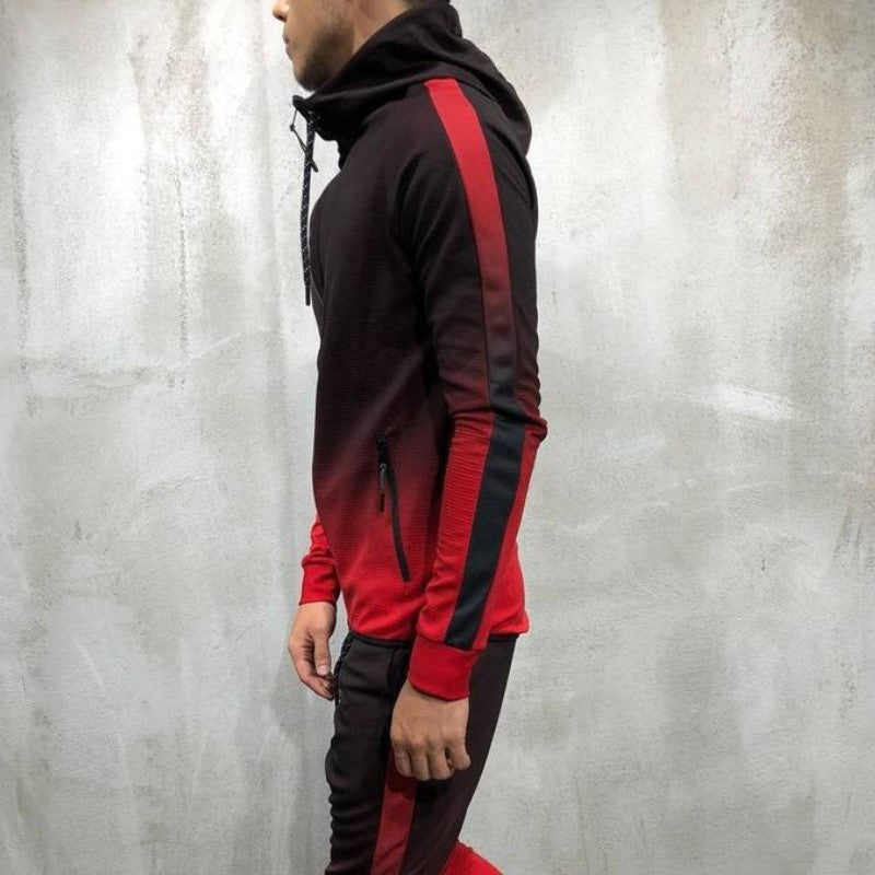Men's Gradient Side Striped Drawstring Zipper Hoodie Sweatshirt + Skinny Sweatpants Tracksuits