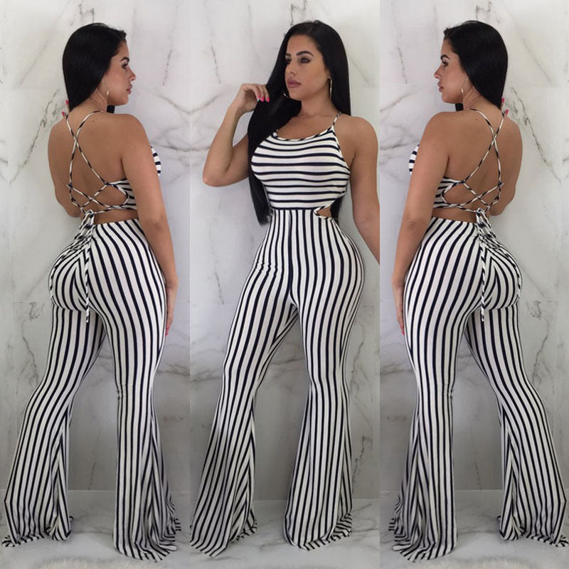 Striped Sleeveless Backless Bodycon Skin Tight Jumpsuit